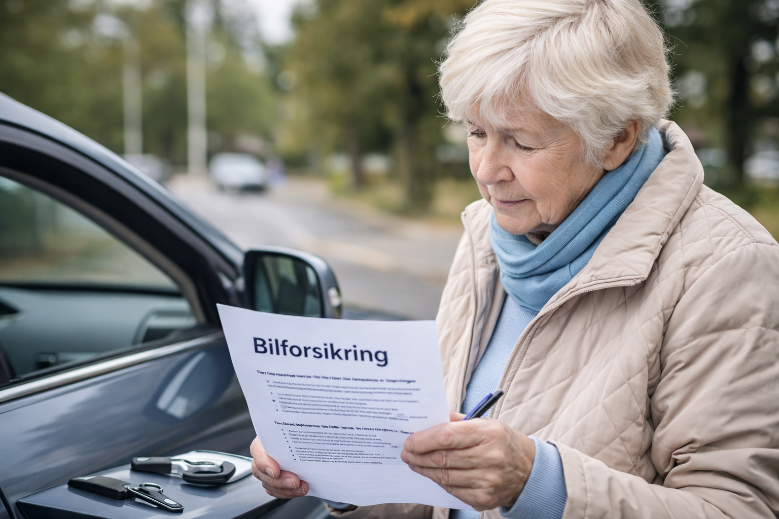 Pensionist der gennemgår sin bilforsikring i rolige omgivelser